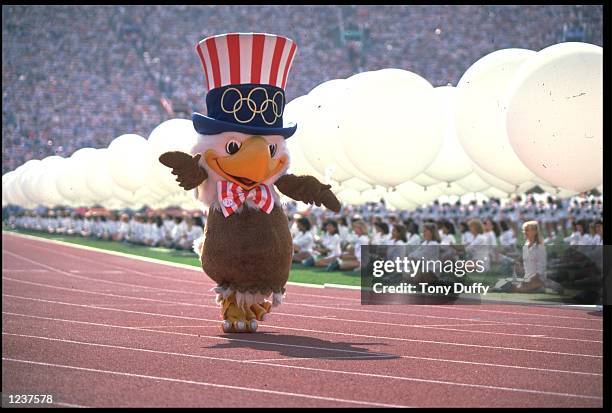 SAM THE EAGLE THE MASCOT OF THE 1984 LOS ANGELES OLYMPICS MARCHES AROUND THE STADIUM DURING THE OPENING CEREMONY.