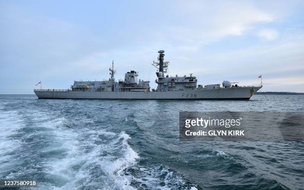 Picture taken on June 5, 2019 shows the British Royal Navy frigate HMS Northumberland at anchor off near Portsmouth, southern England, during an...