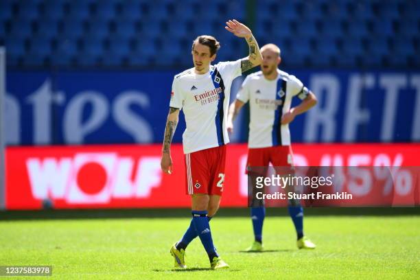 Adrian Fein of Hamburg gestures during the Second Bundesliga match between Hamburger SV and SV Wehen Wiesbaden at Volksparkstadion on May 31, 2020 in...