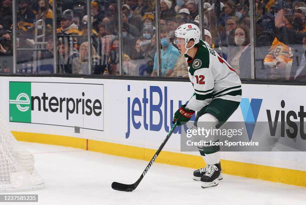 Minnesota Wild left wing Matt Boldy in action during the NHL game between Minnesota Wild and Boston Bruins on January 6 at TD Garden in Boston, MA.