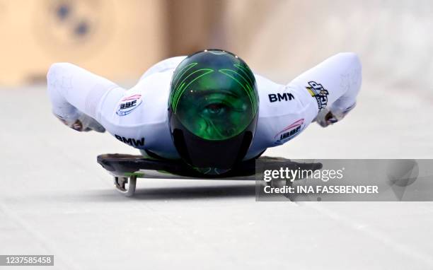 Megan Henry of the US competes in the first run of the women's skeleton event of the IBSF Bob and Skeleton World Cup in Winterberg, western Germany,...