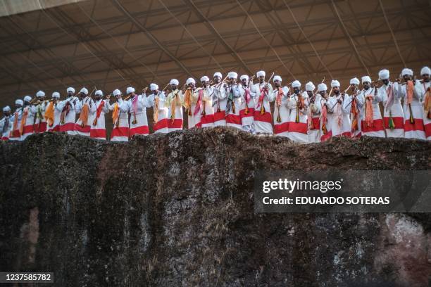 Priests chant and dance during the celebration of Genna, the Ethiopian Orthodox Christmas, at Saint Mary's Church, in Lalibela, 645 kilometres north...