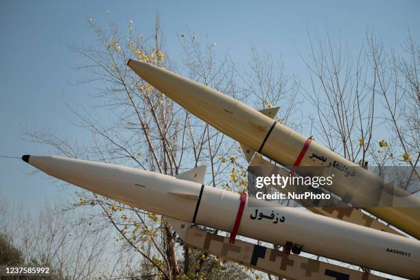 Iranian solid-propelled road-mobile single-stage missile, Zolfaghar Basir and Dezful medium-range ballistic missile are pictured during a military...