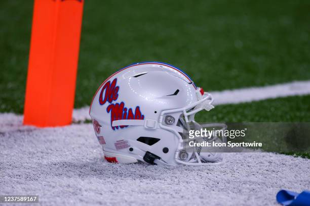 An Ole Miss helmet sits on the field before the Allstate Sugar Bowl between the Ole Miss Rebels and the Baylor Bears on January 1 at Caesars...