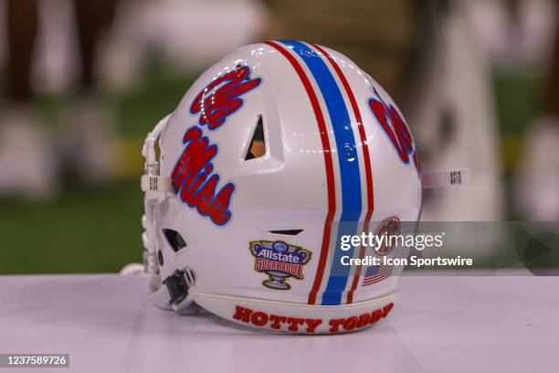 An Ole Miss helmet sits on the bench before the Allstate Sugar Bowl between the Ole Miss Rebels and the Baylor Bears on January 1 at Caesars...