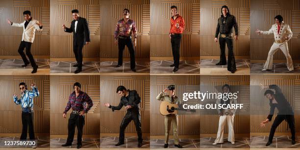 Combination of pictures created in Birmingham on January 7, 2022 shows Elvis tribute artists posing for a photograph at the European Elvis...