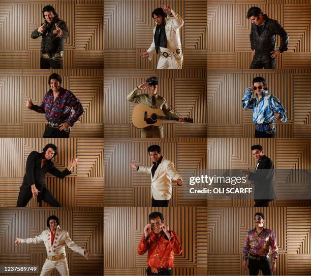 Combination of pictures created in Birmingham on January 7, 2022 shows Elvis tribute artists posing for a photograph at the European Elvis...