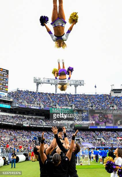 The Baltimore Ravens cheerleaders perform during the Los Angeles Rams game versus the Baltimore Ravens on January 2, 2022 at M&T Bank Stadium in...