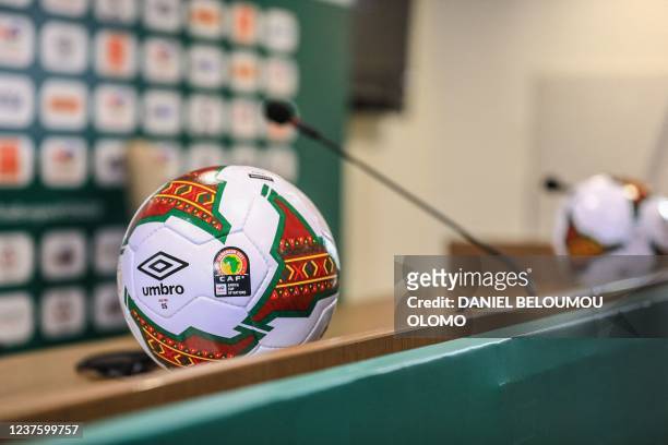 General view of the official ball of the Africa Cup of Nations 2021 is seen in the press room in Yaounde on January 8, 2022. - The ball is called...
