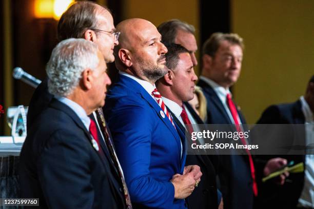 Barak Zilberberg stands with other Republican governor candidates. Nevada's Republican gubernatorial primary candidates gathered inside a casino...