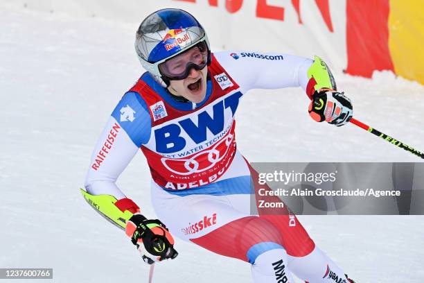 Marco Odermatt of Team Switzerland celebrates during the Audi FIS Alpine Ski World Cup Men's Giant Slalom on January 8, 2022 in Adelboden Switzerland.