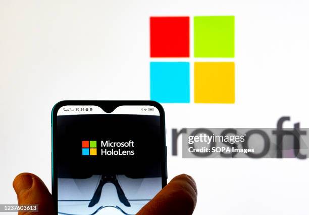 In this photo illustration, Microsoft HoloLens logo seen displayed on a smartphone.