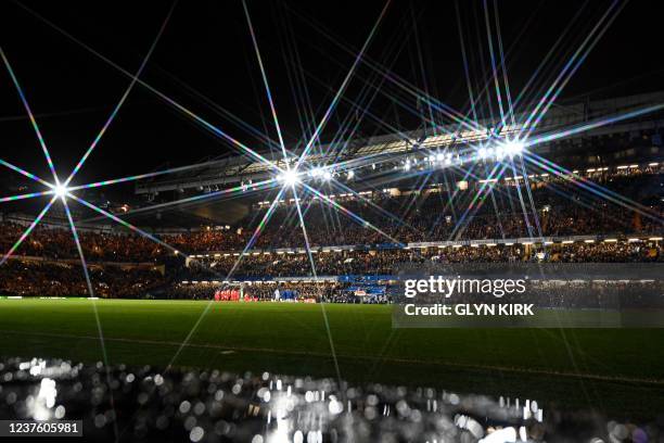 Filter on the lens makes the floodlight "starburst" in a general view ahead of the English FA Cup third round football match between Chelsea and...