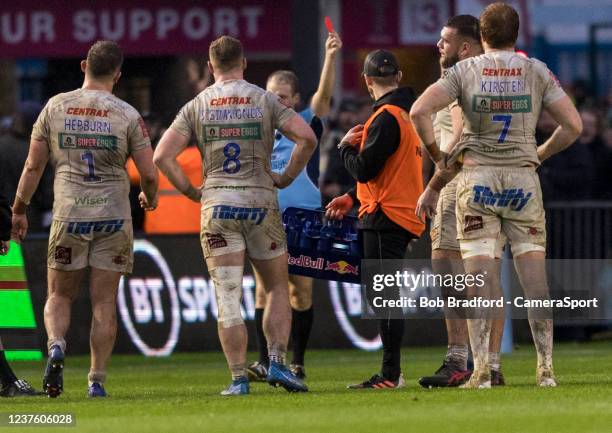 Todays referee, Ian Tempest shows the red card to Exeter Chiefs' Alec Hepburn during the Gallagher Premiership Rugby match between Harlequins and...