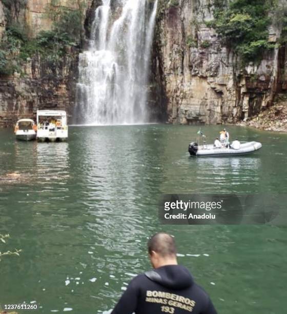 View from the scene after at least five people were killed in southeastern Brazil when a canyon wall collapsed on speedboats in a lake, in Capitolio,...