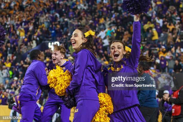 The LSU Tigers cheerleaders entertain the crowd during a game between the Texas A&M Aggies and the LSU Tigers, in Tiger Stadium in Baton Rouge,...