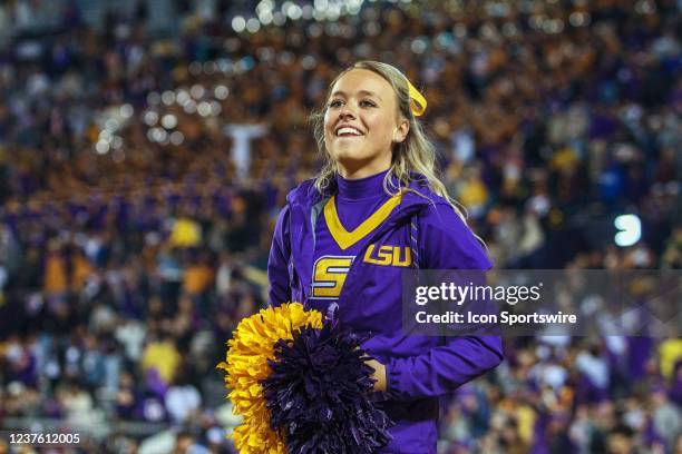 The LSU Tigers cheerleaders entertain the crowd during a game between the Texas A&M Aggies and the LSU Tigers, in Tiger Stadium in Baton Rouge,...