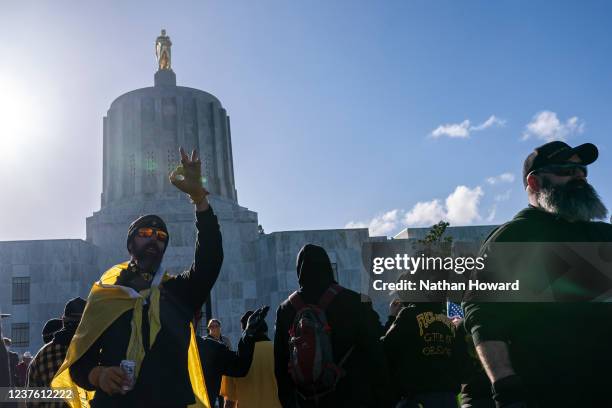 Proud Boys gather in front of the Oregon state capitol during a protest in support of the January 6 attack on the U.S. Capitol on January 8, 2022 in...