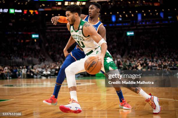 Jayson Tatum of the Boston Celtics drives to the basket during the second half of a game against the New York Knicks at TD Garden on January 08, 2022...