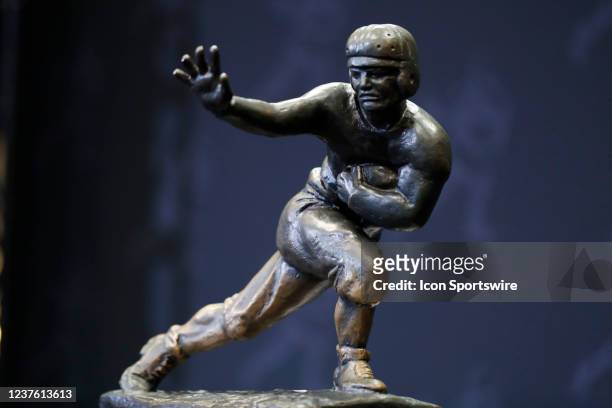 The Heisman Trophy on display in downtown Indianapolis for the 2022 NCAA Men's College Football National Championship Game as seen on January 8, 2022...