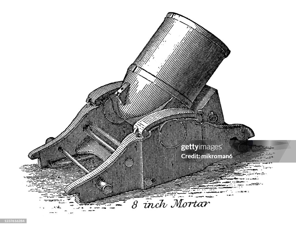 Musket Shell Old Engraved Illustration Of Musket Mortal And Shell 8 Inch Mortar High ...