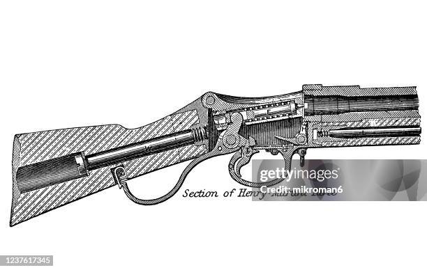 old engraved illustration of musket, mortal and shell (bullet) - section of henry-martini rifle - henry winchester stock pictures, royalty-free photos & images