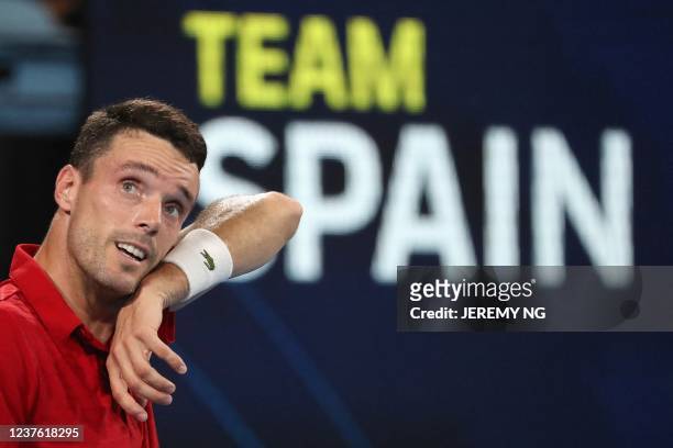 Roberto Bautista Agut of Spain gestures while playing against Felix Auger-Aliassime of Canada during their men's singles final match on day 9 of the...