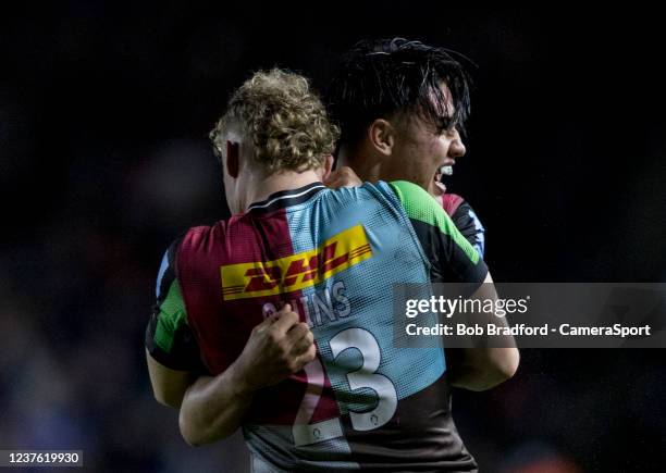 Harlequins' Marcus Smith and Harlequins' Louis Lynagh celebrate at the final whistle during the Gallagher Premiership Rugby match between Harlequins...