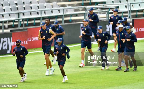 Players warming up during the South African national cricket team training session at Six Gun Grill Newlands on January 09, 2022 in Cape Town, South...