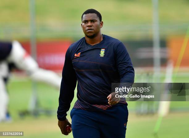Sisanda Magala of South Africa during the South African national cricket team training session at Six Gun Grill Newlands on January 09, 2022 in Cape...