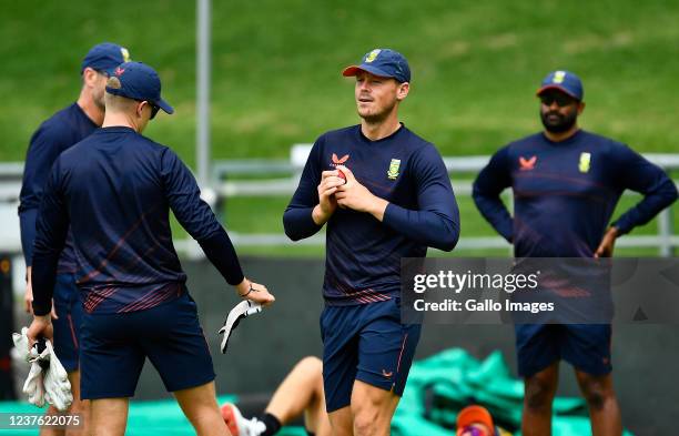 George Linde of South Africa during the South African national cricket team training session at Six Gun Grill Newlands on January 09, 2022 in Cape...
