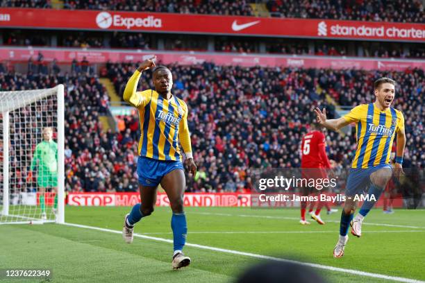 Daniel Udoh of Shrewsbury Town celebrates after scoring a goal to make it 0-1 during the Emirates FA Cup Third Round match between Liverpool and...