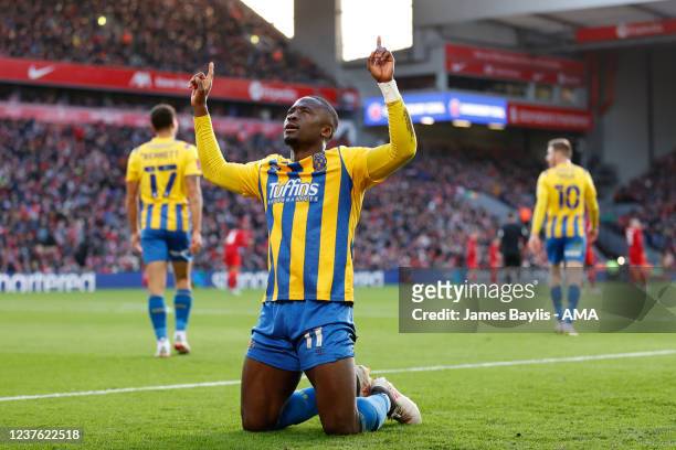 Daniel Udoh of Shrewsbury Town celebrates after scoring a goal to make it 0-1 during the Emirates FA Cup Third Round match between Liverpool and...
