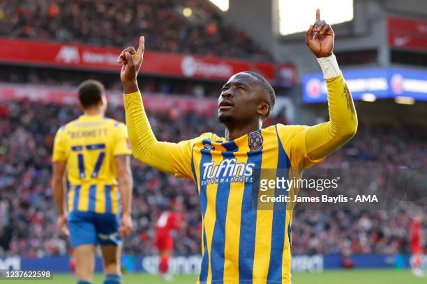Daniel Udoh of Shrewsbury Town celebrates after scoring a goal to make it 0-1 during the Emirates FA Cup Third Round match between Liverpool and...