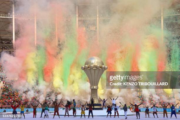 Dancers perform during the opening ceremony of the Africa Cup of Nations 2021 football tournament at Stade d'Olembé in Yaounde on January 9, 2022.