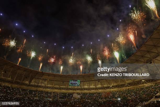Fireworks go off after Cameroon won the Group A Africa Cup of Nations 2021 football match between Cameroon and Burkina Faso at Stade d'Olembé in...