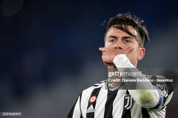 Paulo Dybala of Juventus celebrates 1-1 goal during the Serie A match between AS Roma v Juventus at Stadio Olimpico on January 9, 2022 in Rome, Italy.