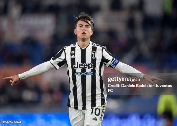 Paulo Dybala of Juventus celebrates 1-1 goal during the Serie A match between AS Roma v Juventus at Stadio Olimpico on January 9, 2022 in Rome, Italy.