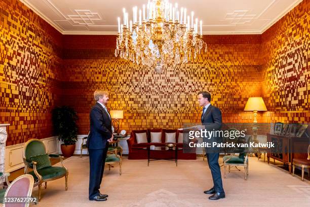 Dutch Prime Minister Mark Rutte visits King Willem-Alexander of The Netherlands to inform the king about the formation of his new cabinet at Palace...