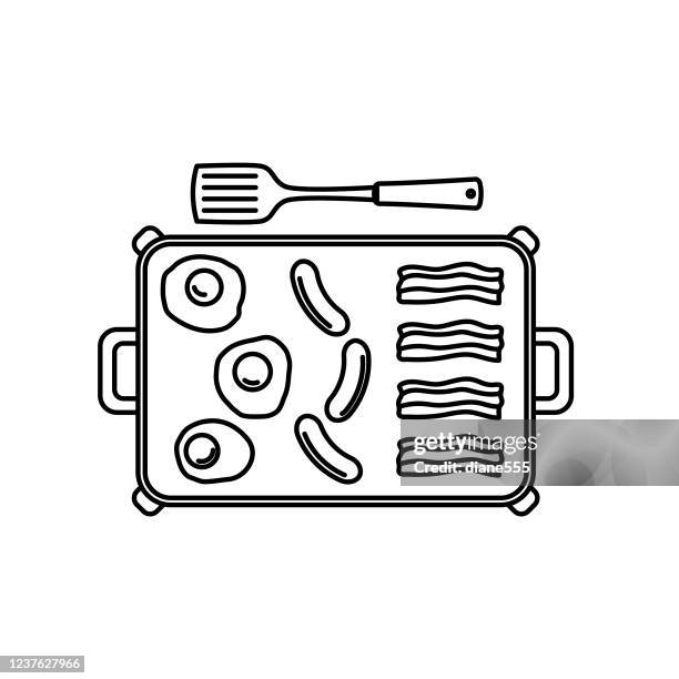 elektrische griddle frühstück symbol in thin line style - gusseiserne pfanne stock-grafiken, -clipart, -cartoons und -symbole