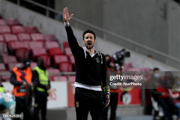 Pacos Ferreira's head coach Cesar Peixoto gestures during the Portuguese League football match between SL Benfica and FC Pacos Ferreira at the Luz...