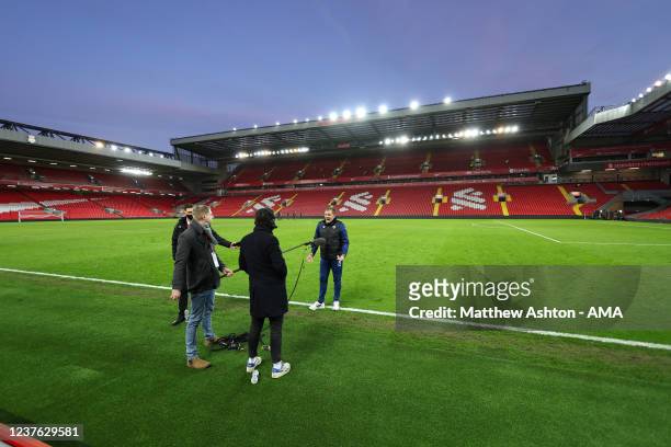 General view of Anfield Stadium as Steve Cotterill the head coach / manager of Shrewsbury Town has a social distanced radio interview after the...