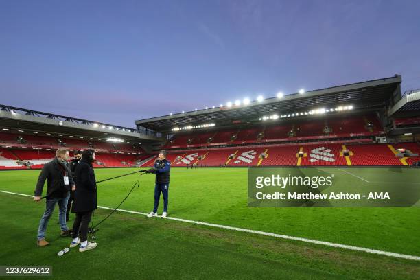 General view of Anfield Stadium as Steve Cotterill the head coach / manager of Shrewsbury Town has a social distanced radio interview after the...