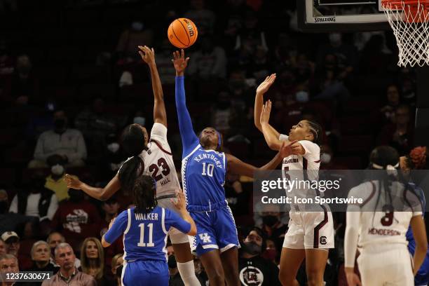 Kentucky guard Rhyne Howard blocks the shot of South Carolina center Kamilla Cardoso during a women's college basketball game between the Kentucky...