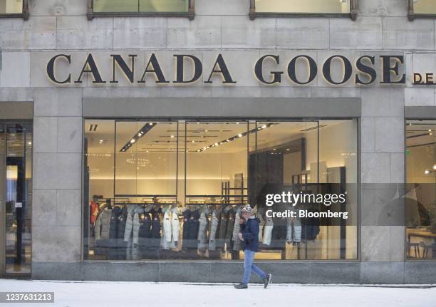 Pedestrian walks past a closed Canada Goose store in Montreal, Quebec, Canada, on Sunday, Jan. 9, 2022. Quebec Premier Francois Legault announced...