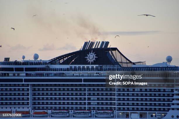 The liner MSC Fantasia cruise ship arrives at the French Mediterranean port of Marseille.