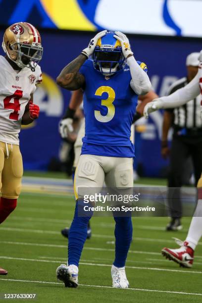 Los Angeles Rams wide receiver Odell Beckham Jr. #3 after a first down catch during an NFL game between the San Francisco 49ers and the Los Angeles...