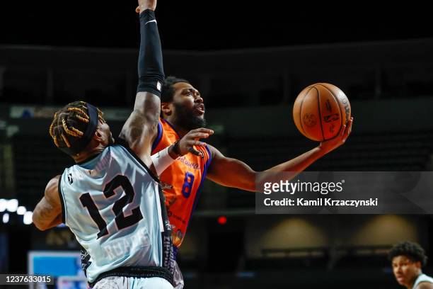 Shamorie Ponds of the Delaware Blue Coats drives to the basket against Kerwin Roach of the Windy City Bulls during the first half of an NBA G-League...