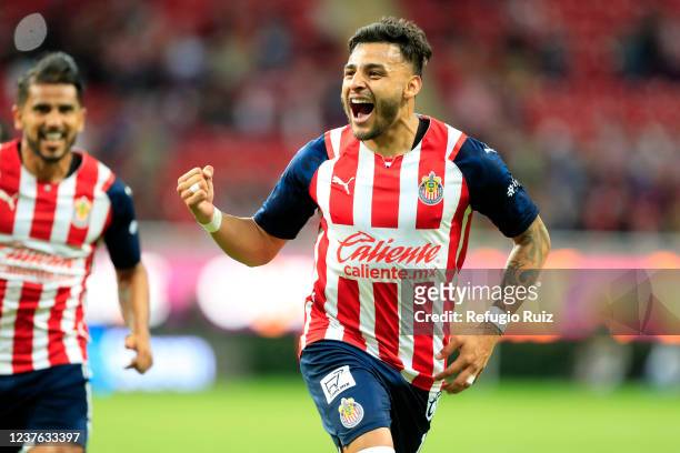 Alexis Vega of Chivas celebrates after score the third goal for his team during the 1st round match between Chivas and Mazatlan FC as part of the...
