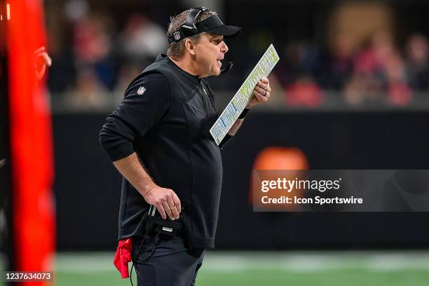 New Orleans head coach Sean Payton calls a play during the NFL game between the New Orleans Saints and the Atlanta Falcons on January 9th, 2022 at...